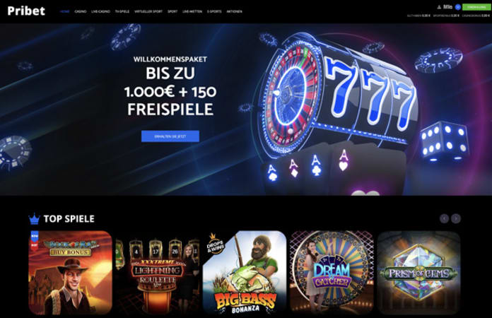 Pribet Casino Startseite und Bonusübersicht auf Desktop und Mobile