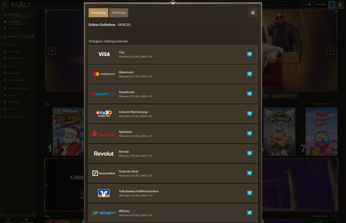 Schermata dei metodi di pagamento disponibili su Realz Casino