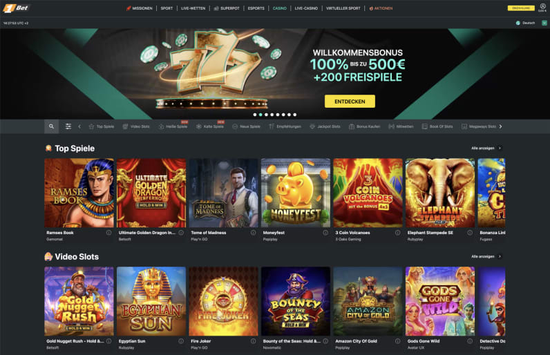 Schermata iniziale di 1bet casino